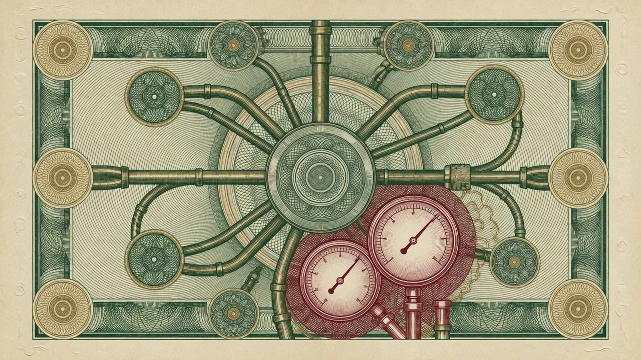 资金管网图：账户为节点，资金流为管道，异动处以压力表朱红示警
